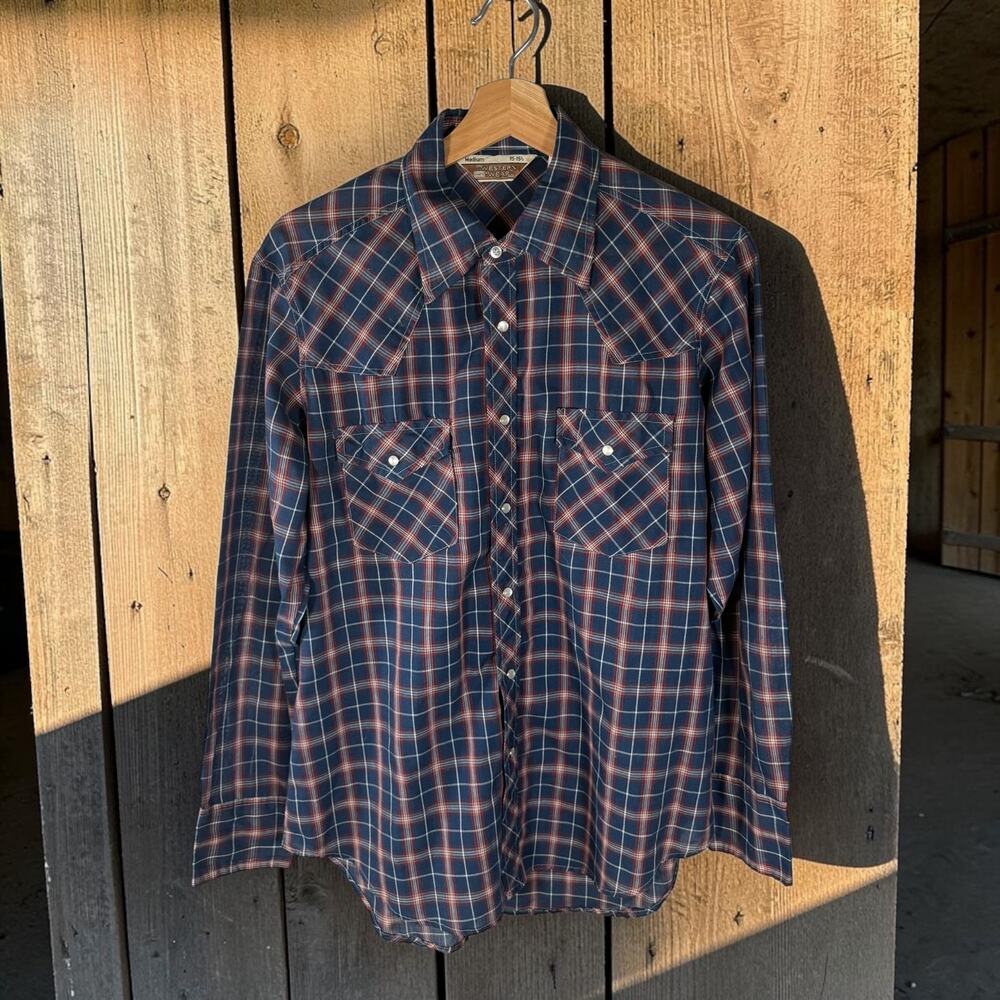 Sears VTG 1970s Men's Medium Blue & Red Plaid Western Wear Pearl Snap L/S Shirt